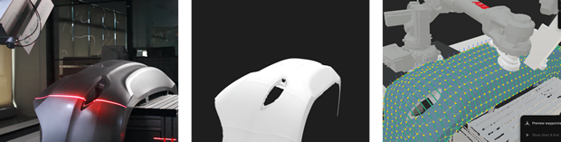 a triptych of images describing a process of laser profiling, converting to a workable mesh, and generating a toolpath for a robotic sanding process based on the mesh