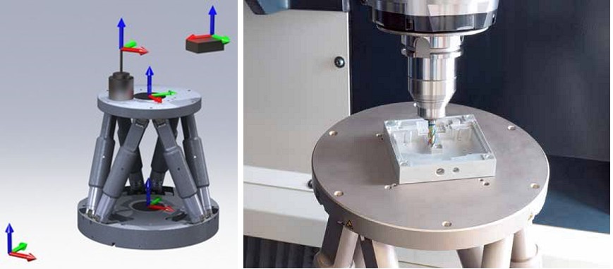 PI Hexapods can work with multiple coordinate systems and allow the user to change the center of rotation or cast / rotate a coordinate system with a simple software command – an important feature when using the Hexapod in precision machining applications. (Image: PI)