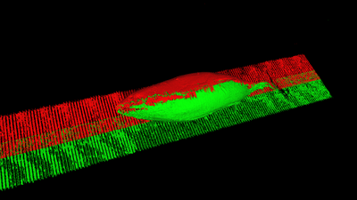 An onscreen rendition of the 3D point cloud generated by the two Matrox AltiZ 3D sensors An onscreen rendition of the 3D point cloud generated by the two Matrox AltiZ 3D sensors
